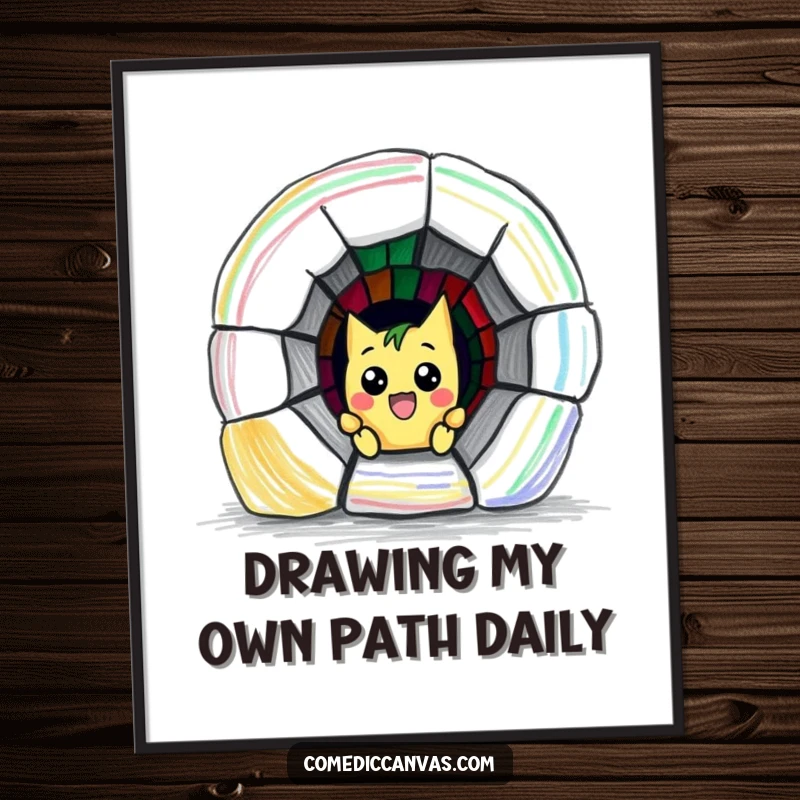 Funny Free Printable Wall Art depicting a mischievous crayon character diligently drawing a tiny, colorful escape tunnel on a blank surface.