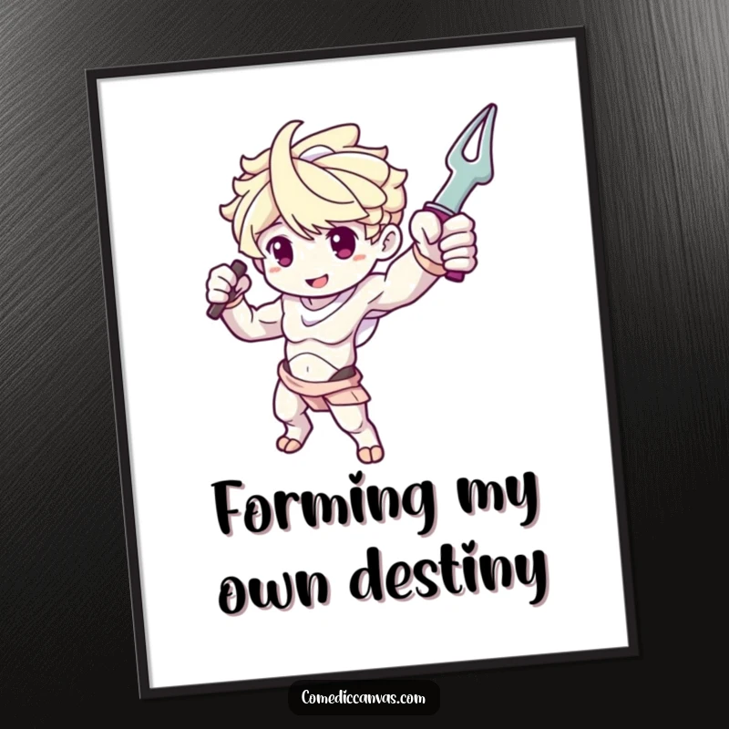 Funny Free Printable Wall Art: Cute sculpture arm character dramatically posing with a tool, a striking artistic statement.