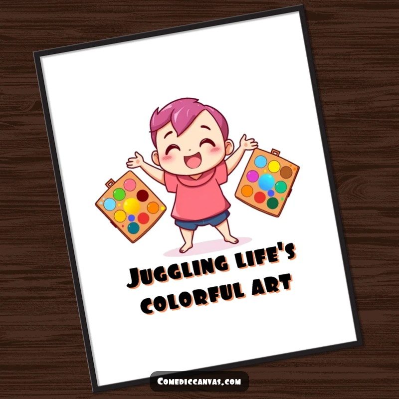 Funny Free Printable Wall Art: Character happily juggles three art palettes, creating a dynamic splash of bright colors.
