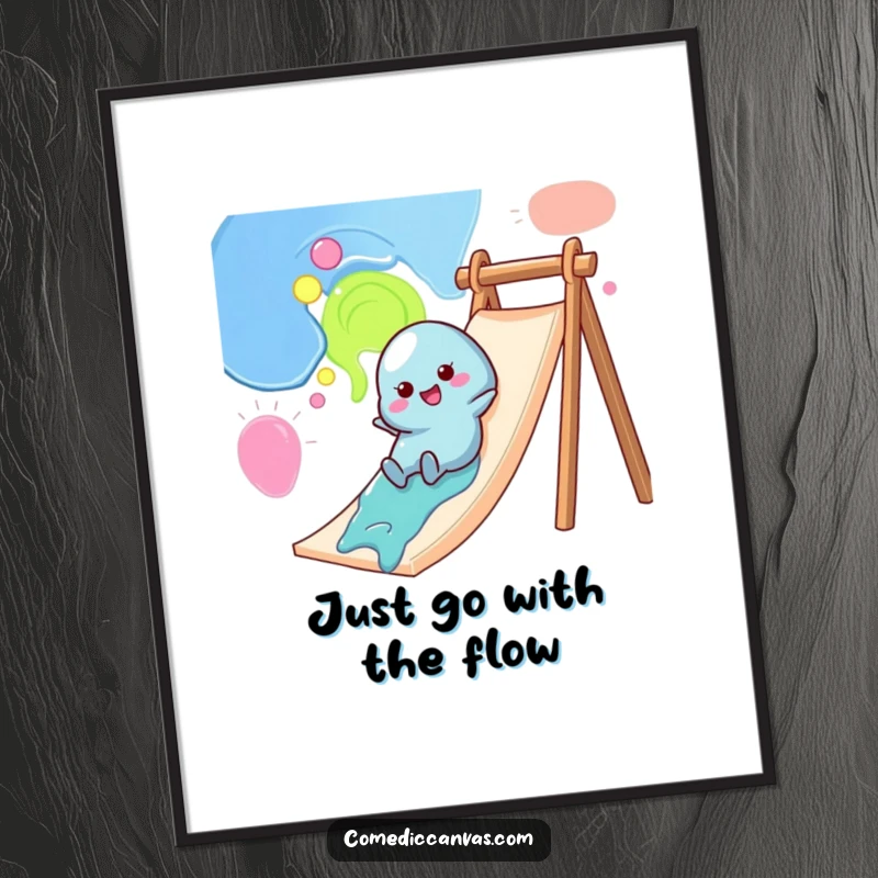 Funny Free Printable Wall Art: A cheerful, wobbly paint blob character enjoying a fun slide down a canvas, adding playful art.