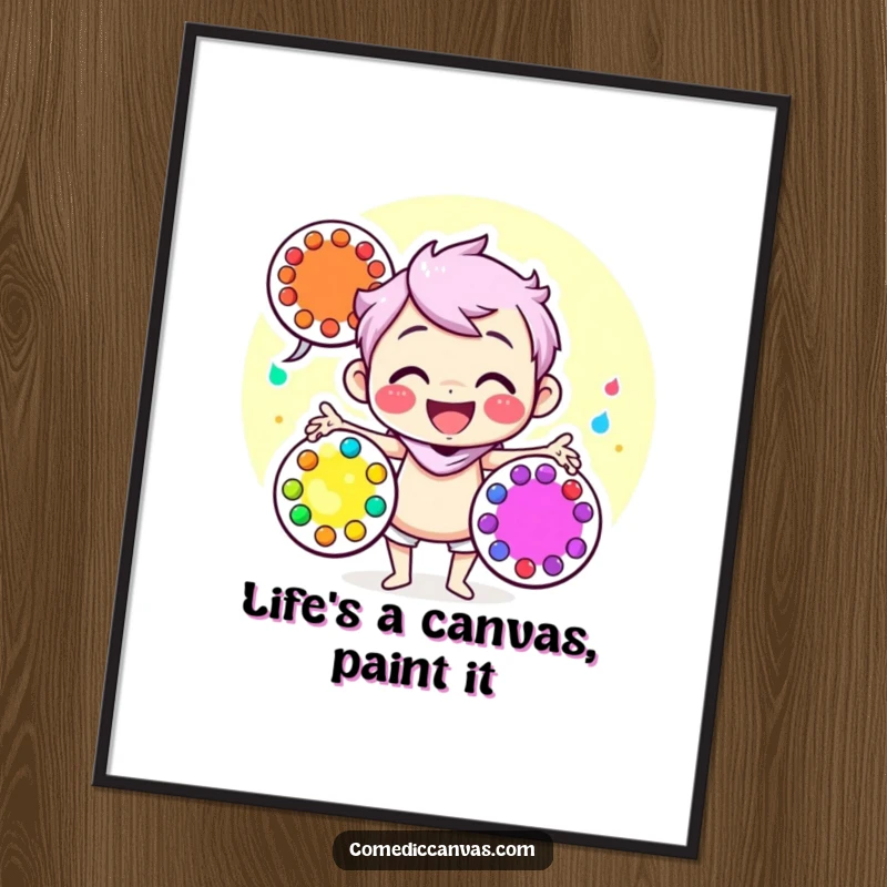 Funny Free Printable Wall Art: A happy artist character energetically juggles three colorful art palettes, creating a lively scene.