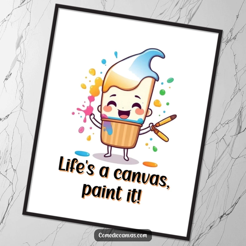 Funny Free Printable Wall Art: Cheerful paintbrush cartoon happily splattering colorful paint, vibrant downloadable art.