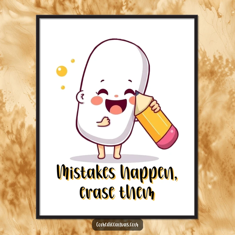 Funny Free Printable Wall Art: A cheerful character uses a pencil to playfully poke a giant, springy eraser, full of energy.