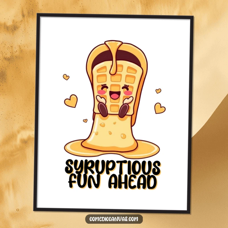 Funny Free Printable Wall Art: An illustration of a beaming waffle sliding gleefully down a glistening chute made of syrup.