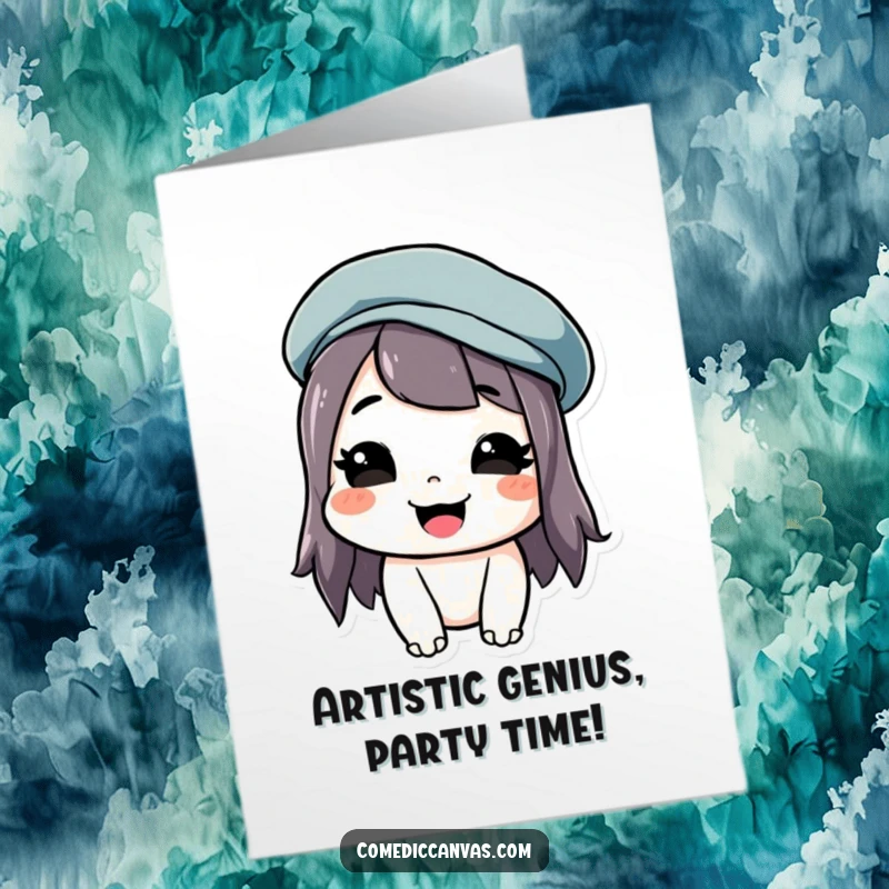 Funny free printable birthday card featuring a character with a silly grin and a tilted beret, exuding artistic joy.