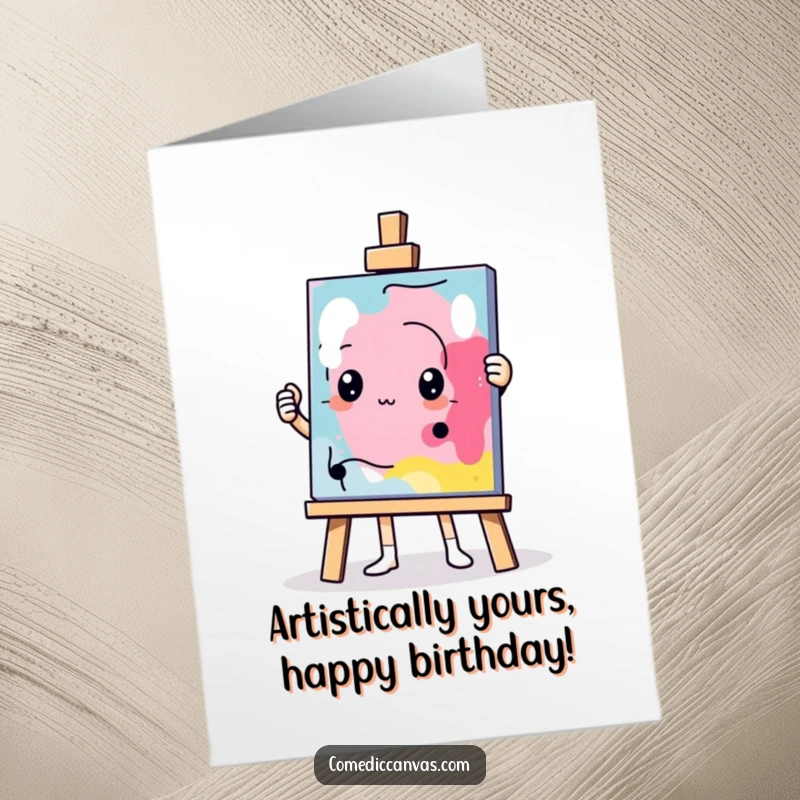 Funny Free Printable Birthday Card: A determined easel character proudly displaying a comically abstract and questionable masterpiece.