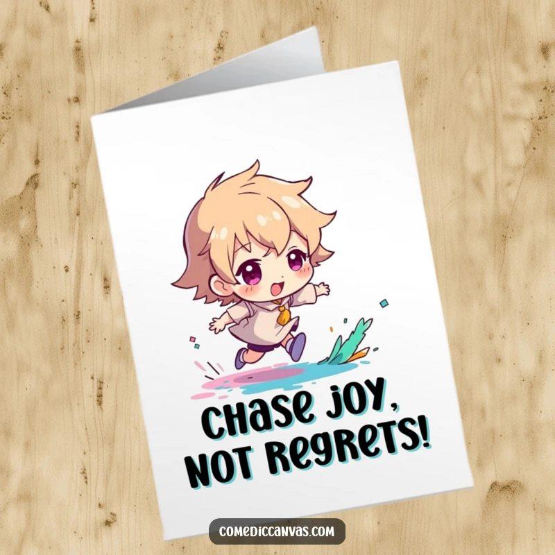 Funny free printable birthday card showing a character gleefully pursuing a runaway paint splash, full of energy and fun.