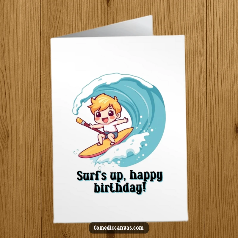 Funny free printable birthday card: a giggling character surfs a paintbrush down a canvas wave, spreading artistic joy, a downloadable gift.