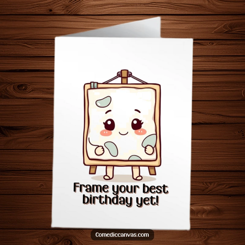 Funny Free Printable Birthday Card: Smiling canvas cartoon with a masterpiece emerging, artistic DIY gift.