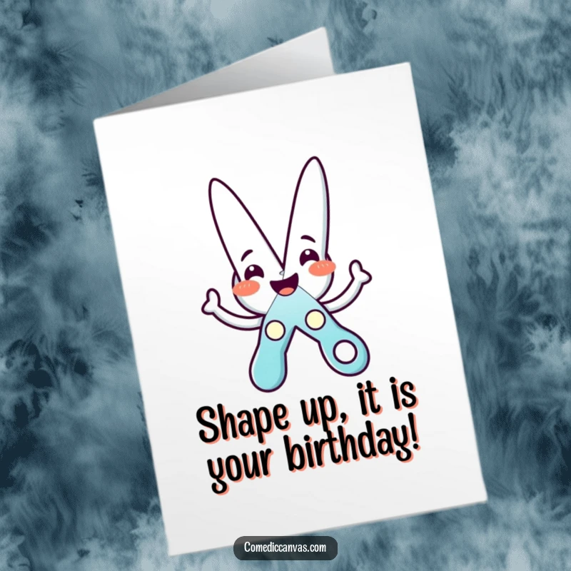 Funny Free Printable Birthday Card: Beaming Scissors character joyfully cutting a sparkly star, a whimsical DIY greeting.
