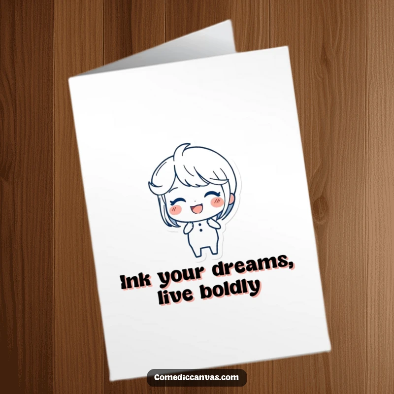 Funny Free Printable Birthday Card: Joyful ink pen character gracefully creating elegant, flowing strokes with a cheerful artistic flourish.