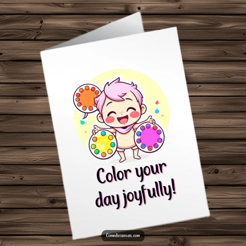 Funny Free Printable Birthday Card: A cheerful artist character joyfully juggles three colorful art palettes, perfect for art lovers.