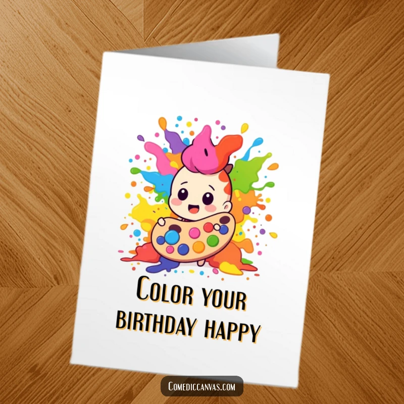 Funny Free Printable Birthday Card: A paint palette character in a vibrant, chaotic explosion of colorful splatters, celebrating a birthday.