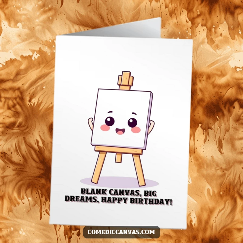 Funny Free Printable Birthday Card: A cute kawaii easel waits with a blank canvas, ready for creative celebration. Perfect DIY gift.