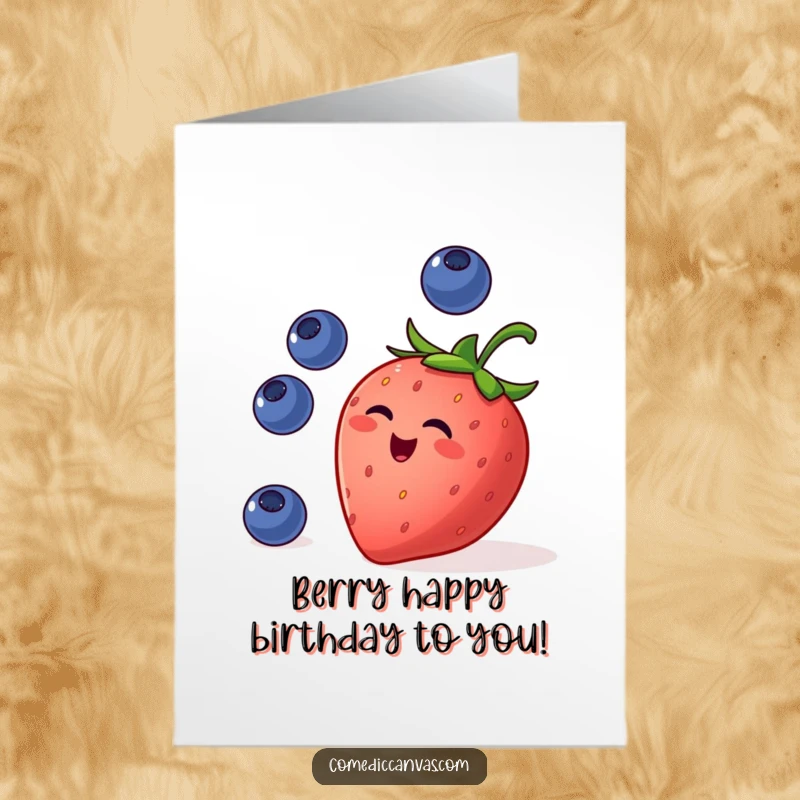 Funny Free Printable Birthday Card: Mischievous strawberry expertly juggling tiny blueberries, a cheerful design.