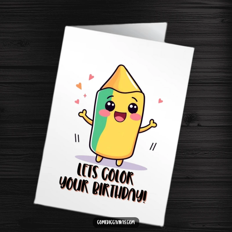 Funny Free Printable Birthday Card: A kawaii crayon wiggles with pure joy while drawing, spreading colorful birthday cheer.