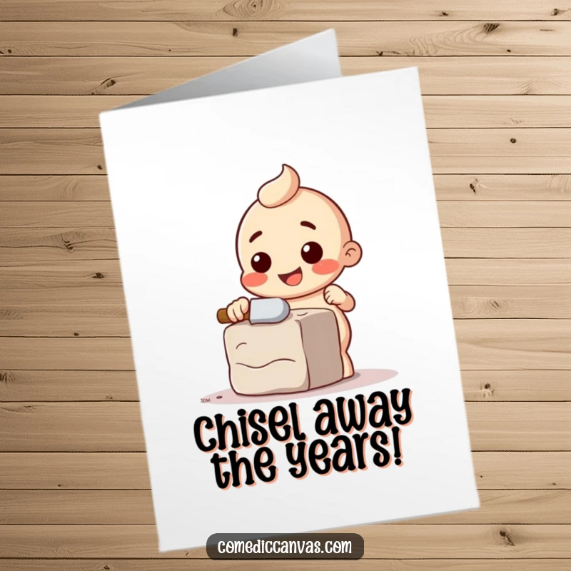 Funny Free Printable Birthday Card: Happy chisel character comically chipping away at a block of clay, sculpting joy.