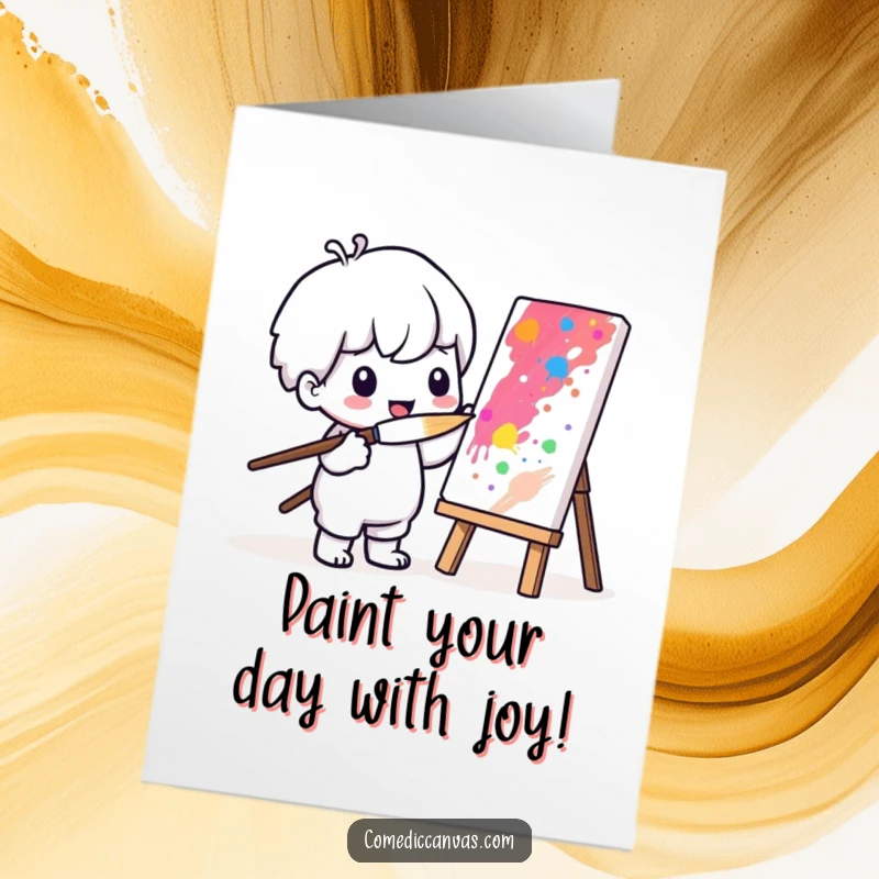 Funny free printable birthday card of a cute Kawaii character joyfully painting with an oversized brush, creating a masterpiece.