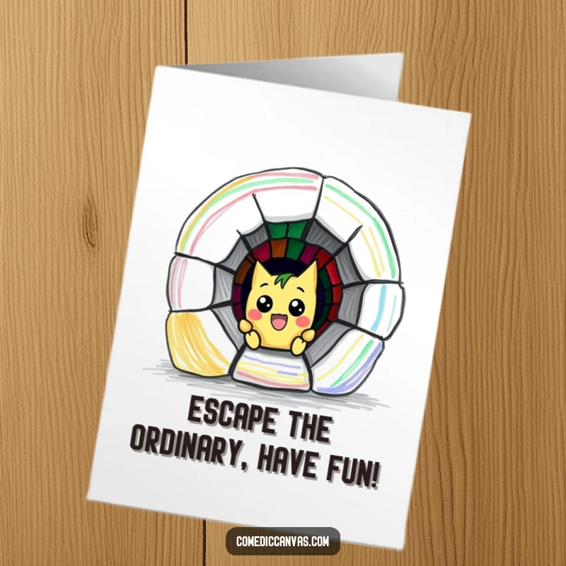 Funny Free Printable Birthday Card featuring a mischievous crayon character drawing a colorful escape tunnel, ready to deliver laughter.