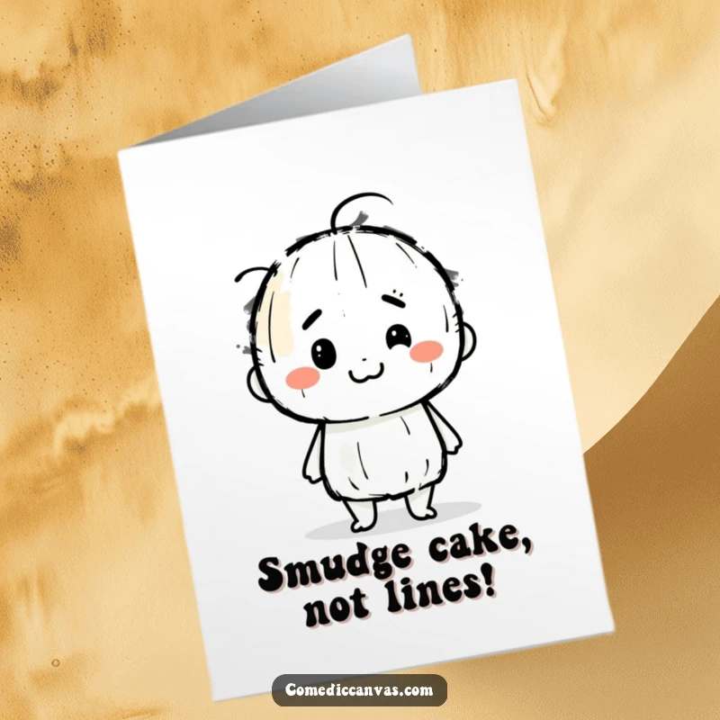 Funny Free Printable Birthday Card featuring a determined charcoal stick character joyfully smudging colorful artistic lines with a grin.