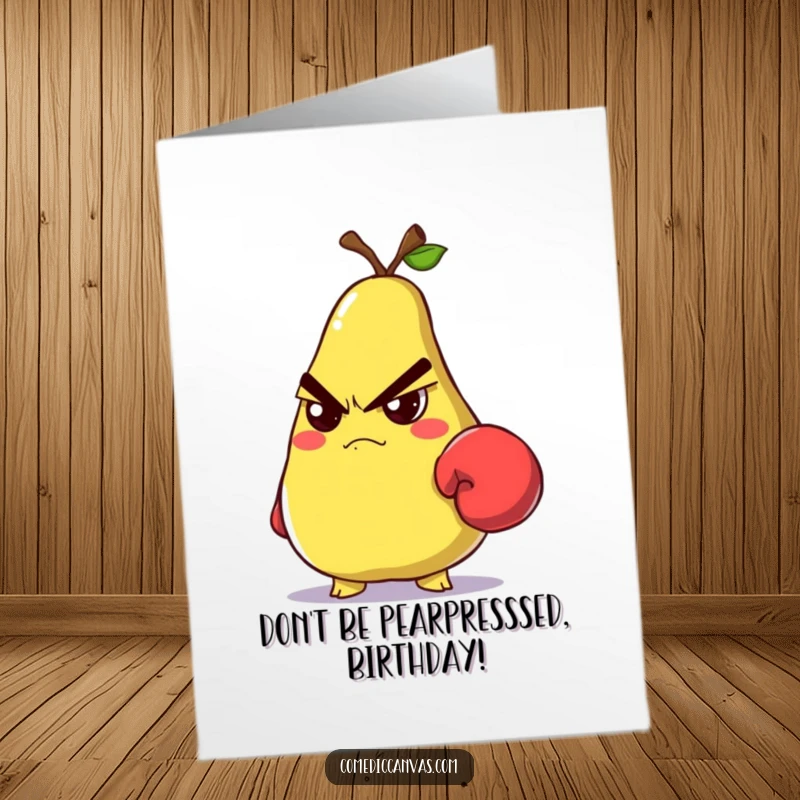Funny Free Printable Birthday Card: A grumpy pear wearing a tiny boxing glove, glaring intensely, ready to spar.