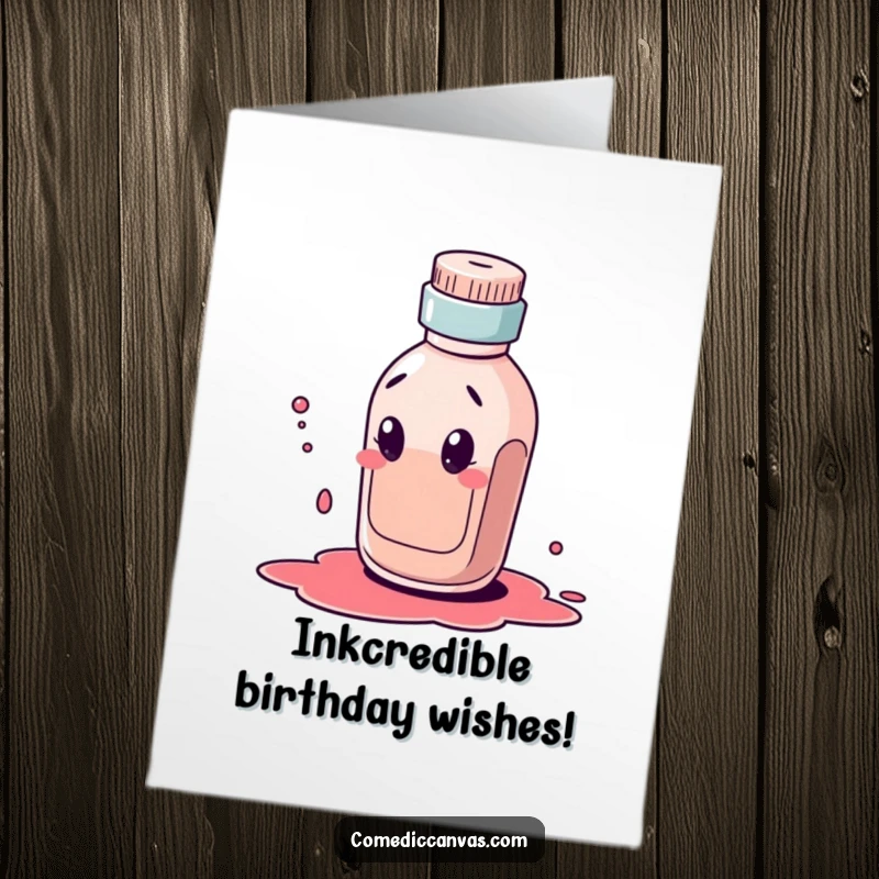Funny Free Printable Birthday Card: A curious ink bottle character dribbles a comical ink blot, perfect for a creative birthday wish.