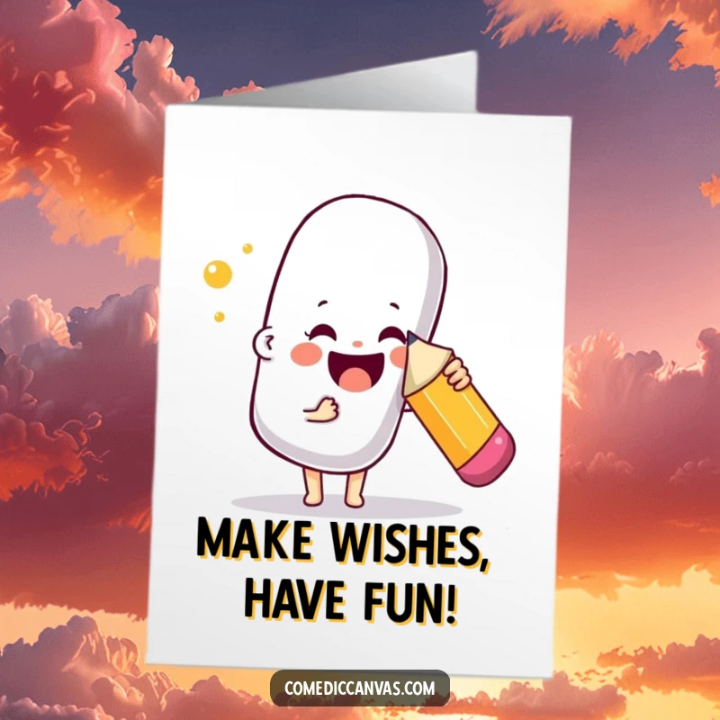 Funny Free Printable Birthday Card: A joyful character gleefully pokes a giant bouncy eraser with a pencil, celebrating milestones.