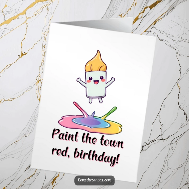 Funny Free Printable Birthday Card: A kawaii paintbrush joyfully leaps between color puddles, celebrating with artistic enthusiasm.