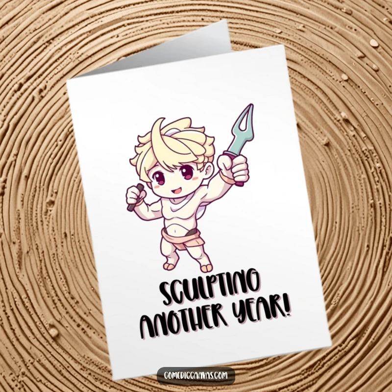 Funny Free Printable Birthday Card: Cute sculpture arm character dramatically posing with a tool, striking a powerful stance.