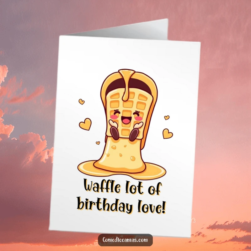 Funny Free Printable Birthday Card: A cheerful waffle joyfully sliding down a chute made entirely of golden syrup.
