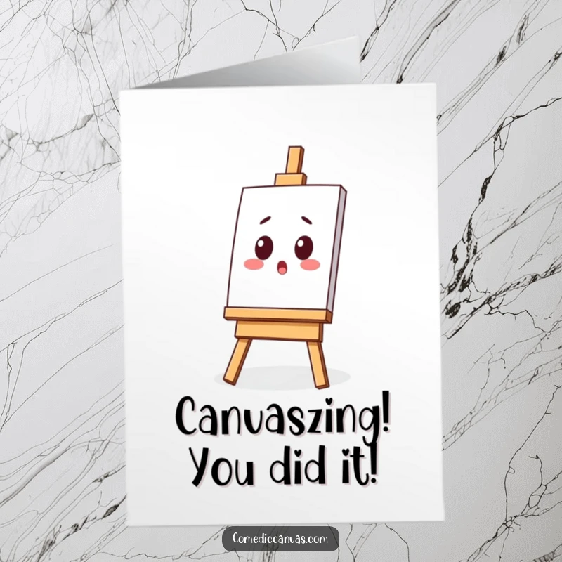 Funny Free Printable Congratulations Card: A kawaii easel with a tilted canvas wears a surprised expression, symbolizing unexpected positive outcomes.