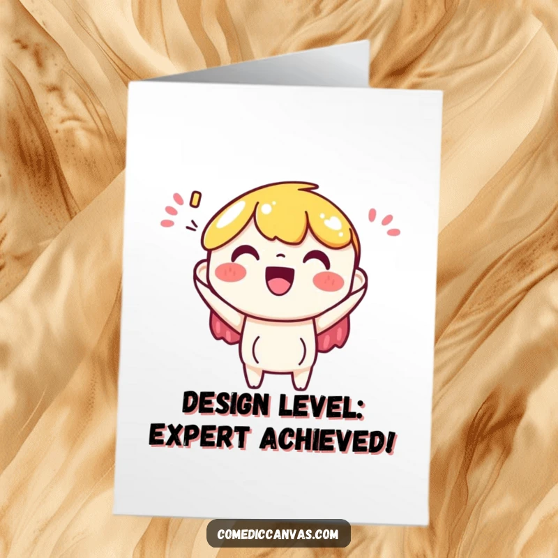 Funny Free Printable Congratulations Card: An art paper character joyfully receives a bright, colorful design, symbolizing success.