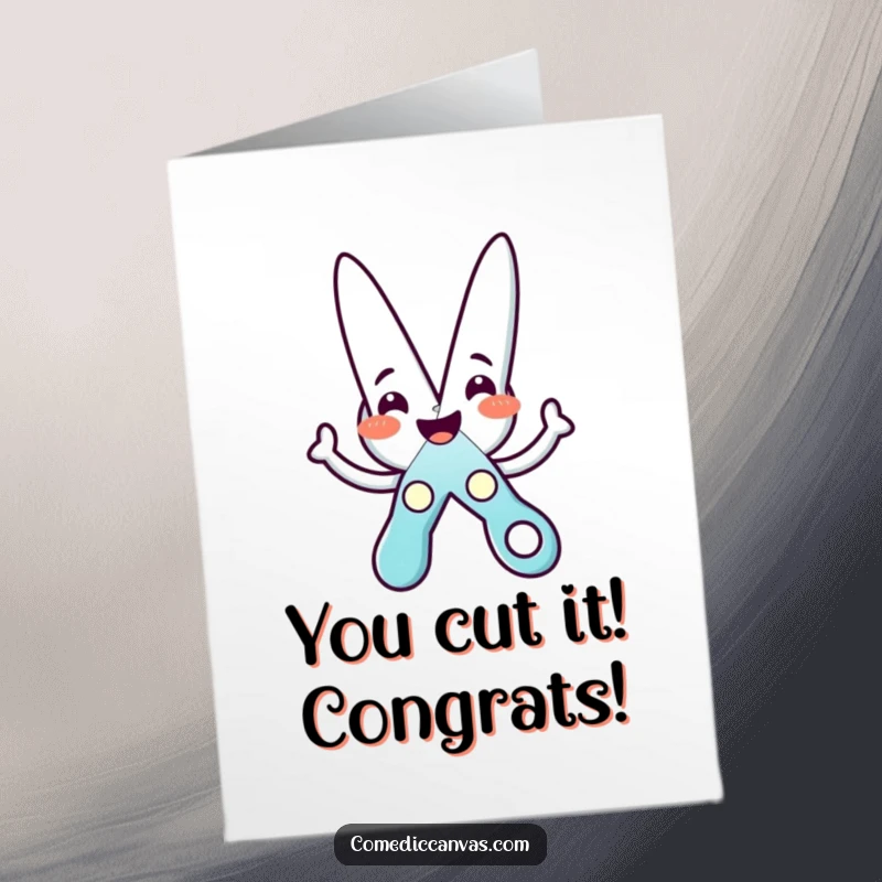 Funny Free Printable Congratulations Card: Smiling Scissors character expertly cuts a shiny star, celebrating achievement.