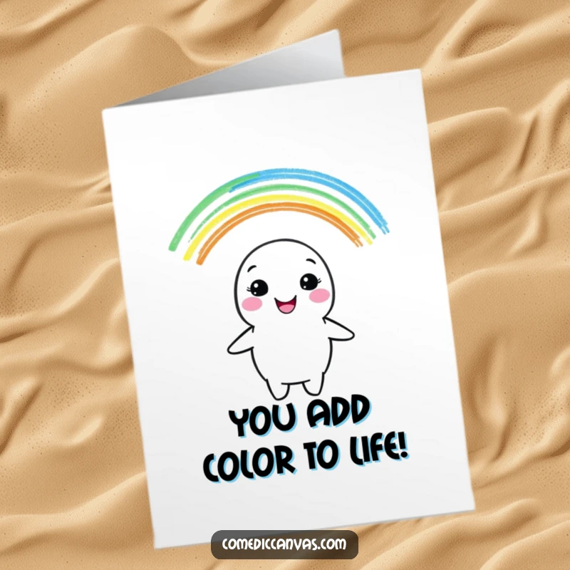 Funny Free Printable Congrats Card: A cheerful crayon character drawing a beautiful rainbow, celebrating a wonderful accomplishment.