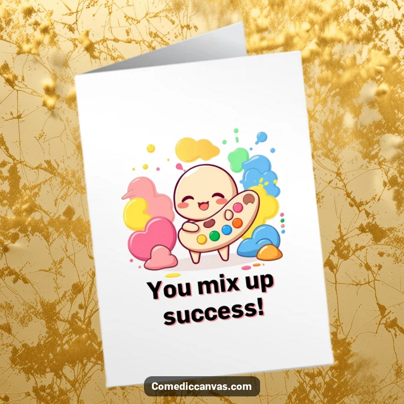 Funny Free Printable Congrats Card: A giggling palette character playfully interacting with vibrant paint blobs, celebrating success.