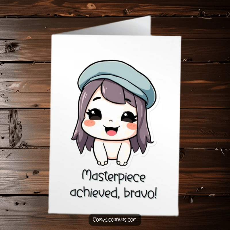 Funny free printable congratulations card of a character in a crooked beret with a silly grin, celebrating artistic wins.