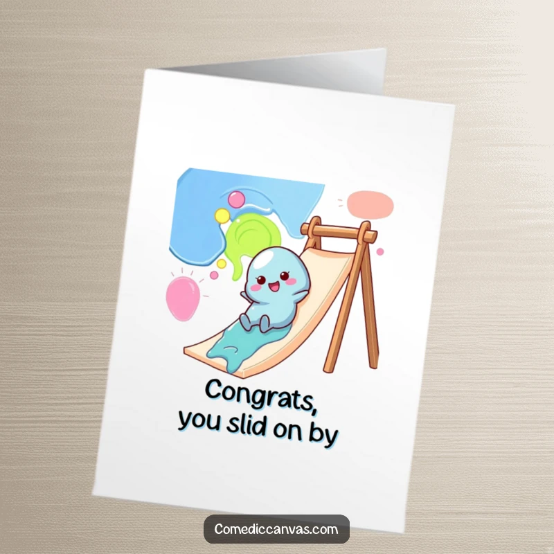 Free Printable Congrats Card: A cheerful, wobbly paint blob character having a blast sliding down a canvas like a colorful slide.