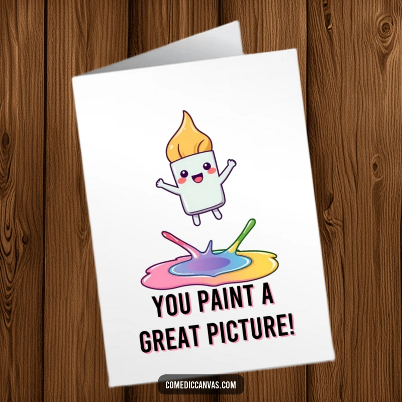 Funny Free Printable Congratulations Card: A kawaii paintbrush leaps joyfully between colors, symbolizing a successful and vibrant artistic creation.