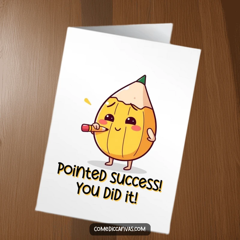 Funny Free Printable Congratulations Card: A pencil character concentrates intensely while sharpening itself, celebrating achievements.