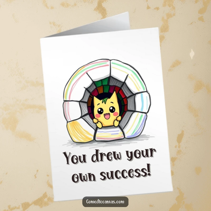 Funny Free Printable Congratulations Card showing a mischievous crayon creating an escape tunnel, perfect for celebrating big wins.