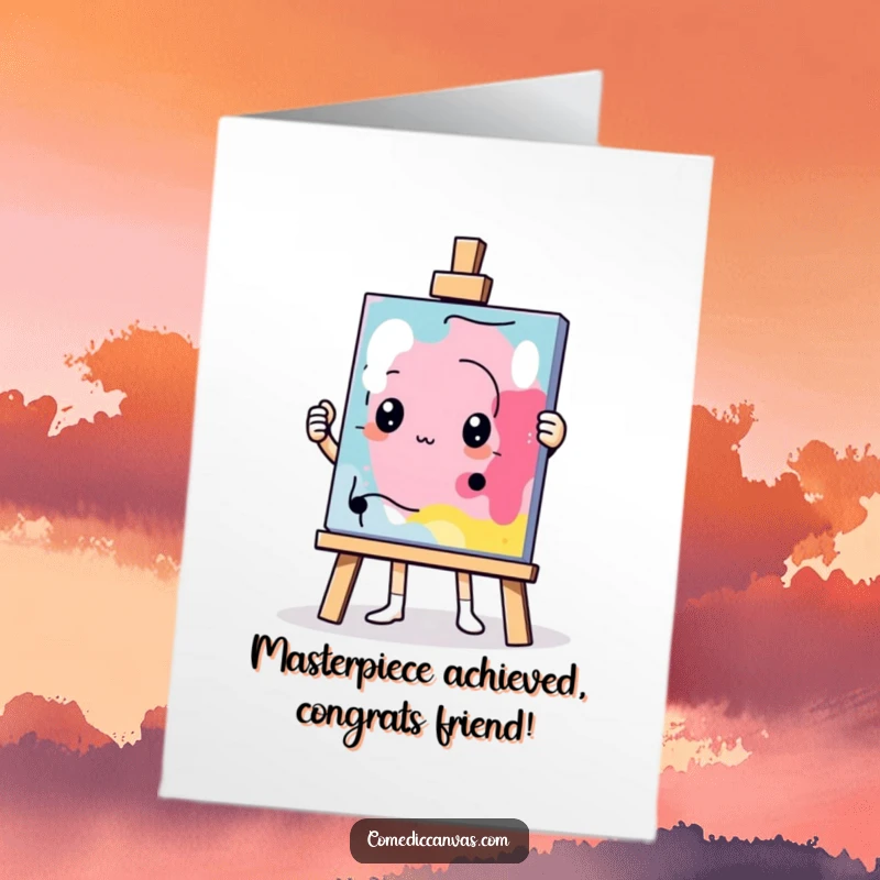 Funny Free Printable Congrats Card: A determined easel character showcasing a wonderfully bizarre and comically abstract piece of art.