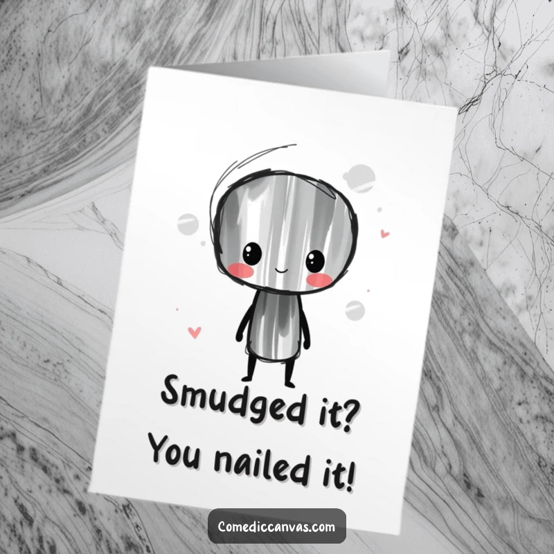 Funny Free Printable Congratulations Card: Whimsical charcoal stick artist smudging lines, smirking with artistic flair. Perfect for any win.