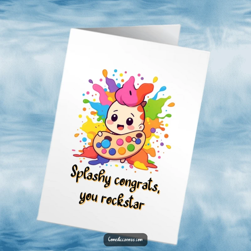 Free Printable Congrats Card: A paint palette character erupting in a wild, vibrant explosion of colors, celebrating achievement.