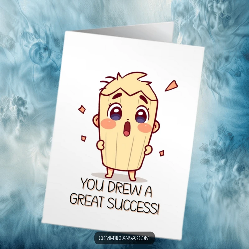 Funny Free Printable Congrats Card: A surprised pencil character enthusiastically sketching a colorful drawing, ready to celebrate.