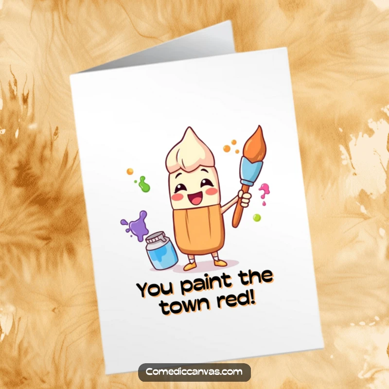 Funny Free Printable Congrats Card: A happy paintbrush character triumphantly juggling colorful paint pots, celebrating an achievement.