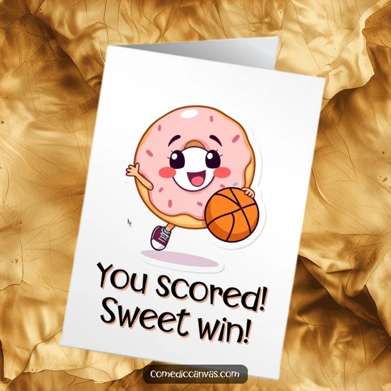 Funny Free Printable Congratulations Card: A smiling donut character dribbling a basketball, celebrating a fantastic achievement with playful energy.