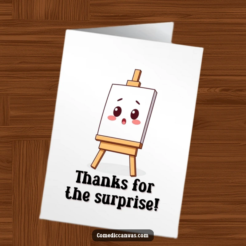 Funny Free Printable Thank You Card: A kawaii easel holding a tilted canvas looks surprised, offering a humorous way to say thanks.