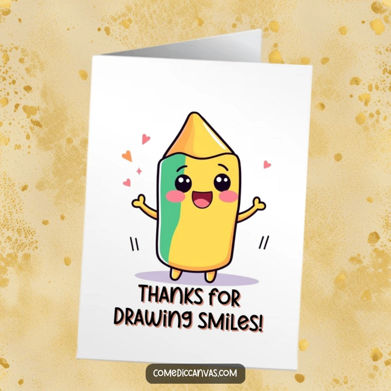 Funny Free Printable Thank You Card: A kawaii crayon wiggles with delight as it draws, a humorous way to express thanks.