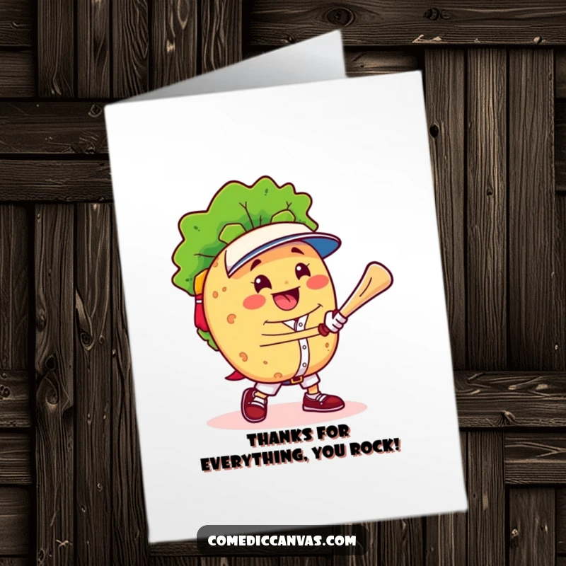 Funny Free Printable Thank You Card: Cheerful taco character triumphantly playing baseball, sending thanks.
