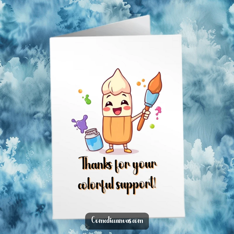 Funny Free Printable Thank You Card: A happy paintbrush character juggling paint pots, expressing cheerful thanks with a smile.
